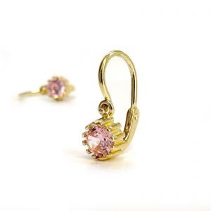 Arany baba fülbevaló rózsaszín kővel - 14K előlkapcsos klasszikus fazon -  - ezüs ékszer webáruház