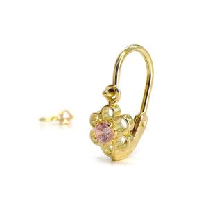 Arany baba fülbevaló áttört virág mintával és rózsaszín kővel - 14K előlkapcsos zár -  - ezüs ékszer webáruház