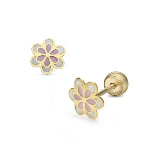 LISA arany baba és gyermek fülbevaló csavaros rózsaszín és fehér virág JTAG-0314 - 