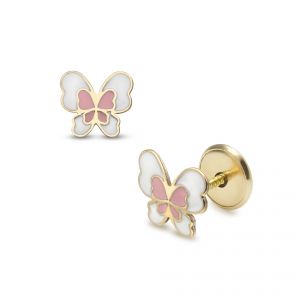 LISA arany gyermek fülbevaló csavaros pillangó rózsaszín és fehér JTAG-0418 - Arany baba fülbevaló - ezüs ékszer webáruház