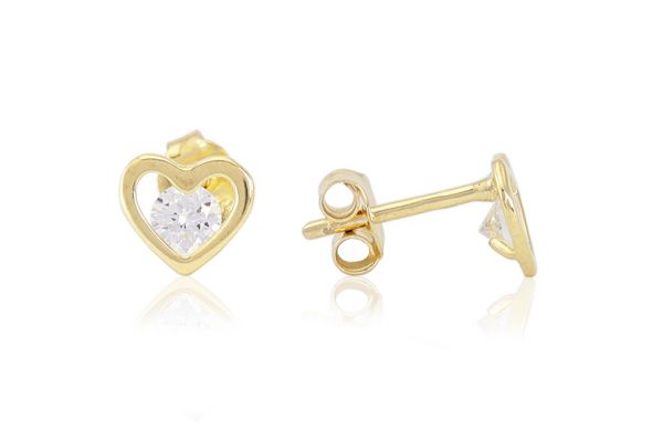 Arany fülbevaló stekkeres áttört szív egy fehér kővel