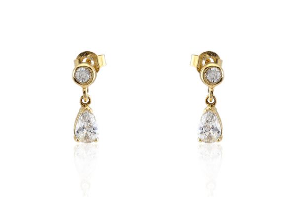 Arany fülbevaló stekkeres button csüngő csepp kővel
