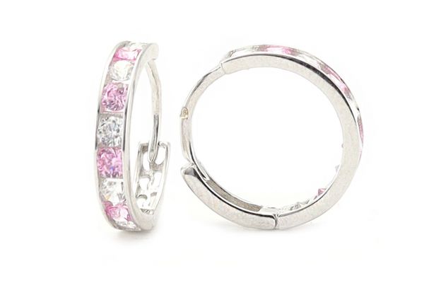 Fehérarany karika fülbevaló rózsaszín-fehér kövekkel 11mm belső átmérő